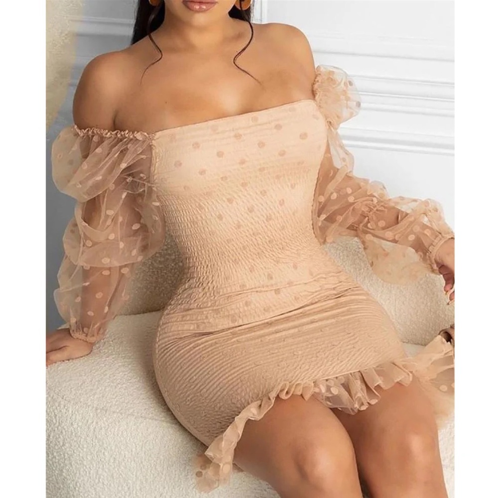 Love Song Thinking About Her Tan Polka Dot Dress w/ Sheer Long Sleeves Large